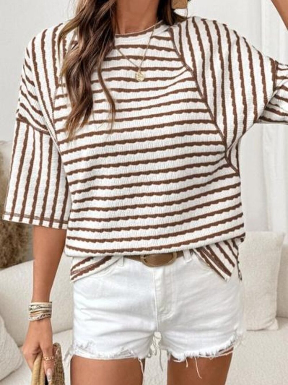 Womens Striped textured knit half sleeve top - Brown and white